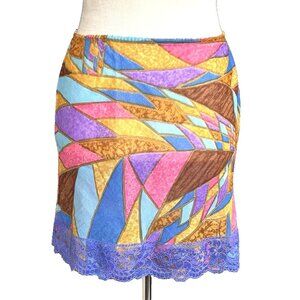 Vintage 60s Blanche Nylon Slip Skirt Psychedelic Lace Multicolor Size Small